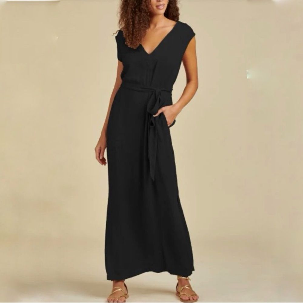Splendid Evian Jersey Knit V-Neck Maxi Dress Women's Tie Waist Pockets
